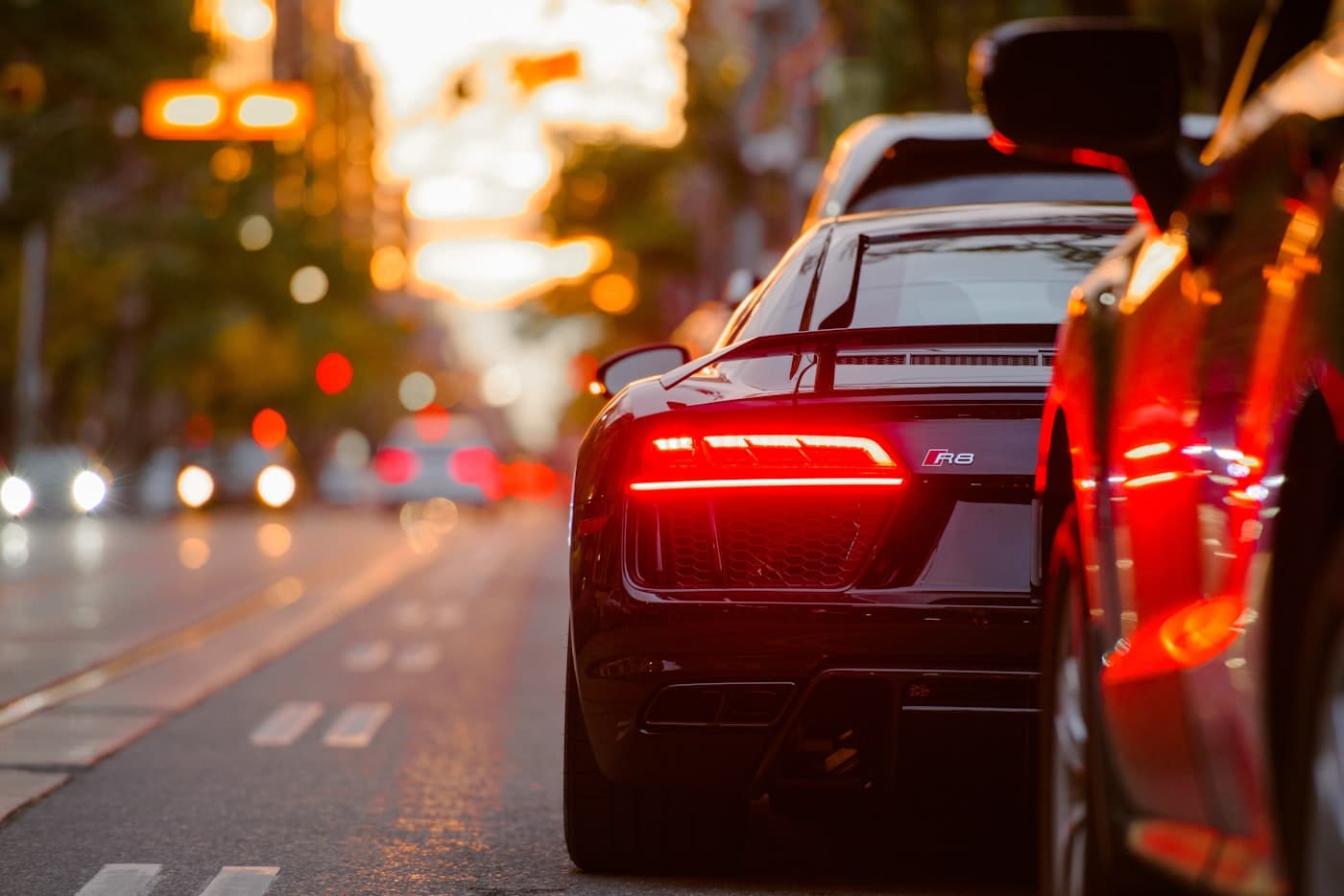 Audi R8 at golden hour in the city